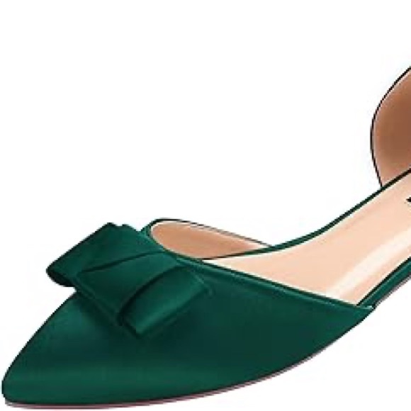 Emerald Green satin pointy toe flats with bows NWOB Silver accent heel size 40 - Picture 6 of 6
